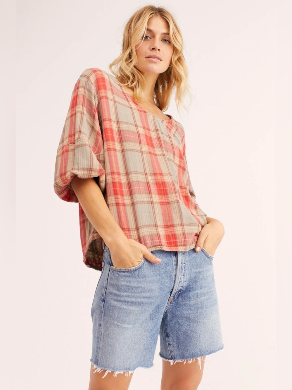 NWOT CP Shades / Free People Billie Puff Sleeve Plaid Pullover Top Shirt